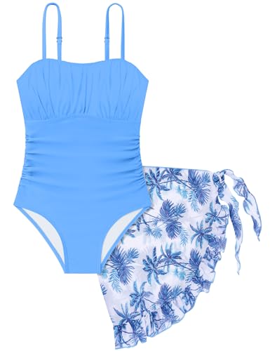 Girls One-Piece Swimsuit with Tropical Print & Cover Up Skirt - Blue1, 6-7 Years
