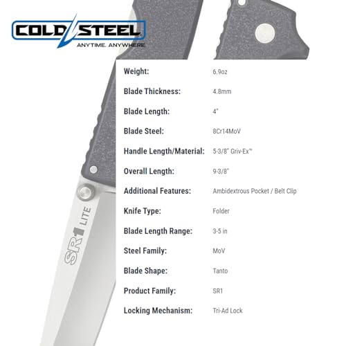 Cold Steel SR1 Lite Tanto Folding Knife 4 Inch Blade, Tactical Self-Defense, Griv-Ex Handle