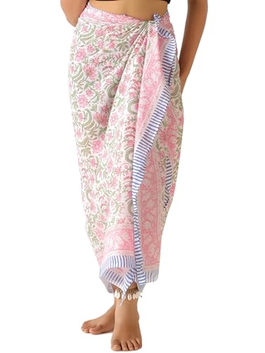 AUZURE Green Floral Cotton Sarong Cover Up for Women - 73" x 43"