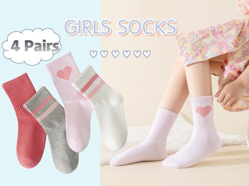 Kids Pink Crew Socks with Hearts - 4-7 Years