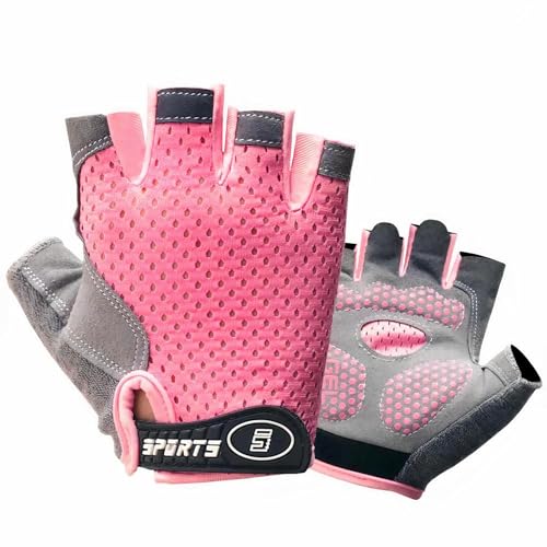 Kids Fingerless Bike Gloves - Non-Slip Half Finger Gloves - Pink Style for Ages 9-12