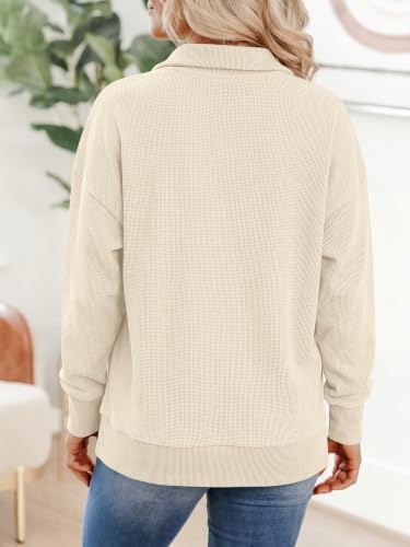 ANRABESS Women's Waffle Knit Henley Sweatshirt - Medium Beige