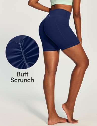 IUGA Women's Navy Butt Lifting Biker Shorts with Pockets & Tummy Control Medium