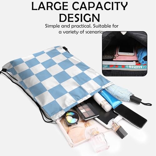 Waterproof Drawstring Backpack for Sports - Blue Checkered