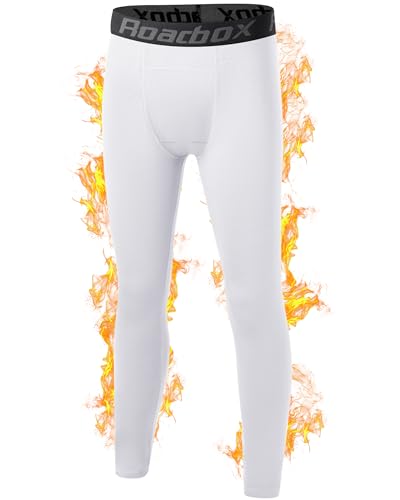 Youth Boys' Thermal Compression Pants - Fleece Lined Base Layer Leggings - White, Medium