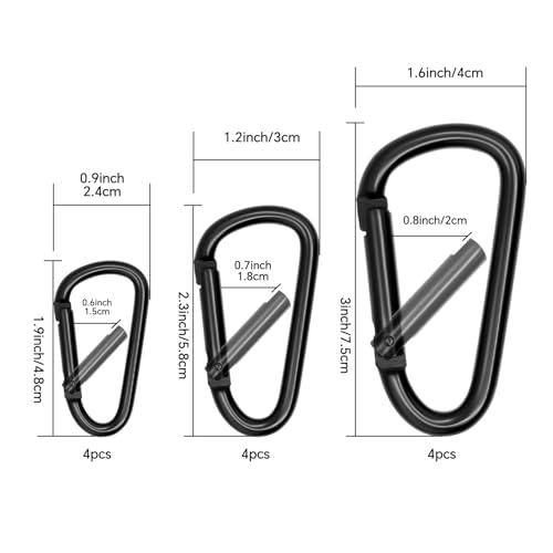 Black Carabiner Clip Set - 12pcs Mini & Large Aluminum Hooks