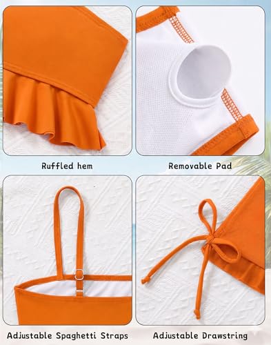 Girls 3-Piece Ruffle Tankini Swim Set with Skirt - Orange, 11-12 Years
