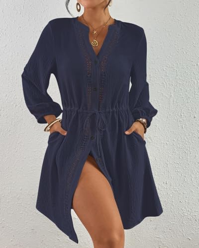 X-Large Navy Blue Swimsuit Coverup for Women V Neck Bathing Suit Beach Dress