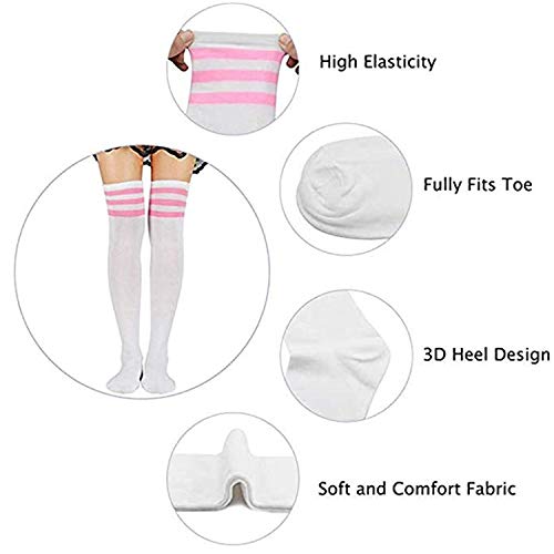 Thigh High Socks for Women - Casual Striped Knee High Stockings - One Size White Pink
