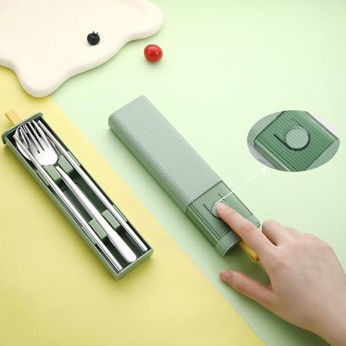 Travel Utensils Set - 4 Pcs Stainless Steel Fork, Spoon & Chopsticks - Green