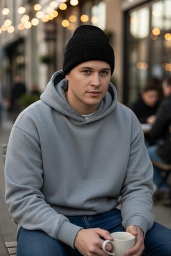 Unisex Cuffed Beanie Hat - Black - Cozy Acrylic Knit Cap