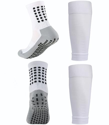 Kids Grip Soccer Socks and Shin Guard Sleeves - White, Age 7-14