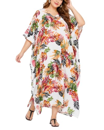 White Tropical Leaf Plus Size Caftan Maxi Dress for Women, Beach Cover Up Kimono