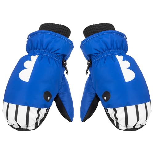 Kids Waterproof Ski Mittens - Blue Shark Design, 4-8 Years
