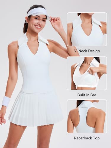 Women’s 2-Piece Tennis Skirt Set Polo Golf Outfits - Pleated Skort, Tank Top, Pockets, Summer Workout - Medium White - Airfree