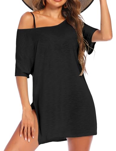 Women's Swimsuit Beach Cover Up Short Sleeve Shirt - Medium Black