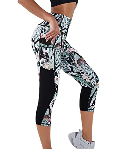 AGSWQ Women's High Waist Capri Leggings with Pockets - Floral & Black, Medium