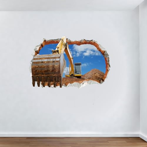 iinuu 3D Excavator Wall Decal, Construction Truck Crashing Through Wall Sticker for Boys¡¯ Room, Nursery or Playroom, Smashed Concrete Effect Wall Art