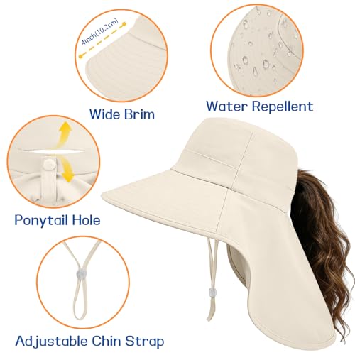 Ruqizhi Beige Sun Hat for Women with Neck Flap & Ponytail Hole UPF 50+ Rollable UV Protection - Size 1
