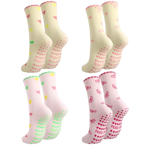 Pilates Socks for Women - Cute Ruffle & Embroidery Grips - Medium Yellow/Pink - 5 Pairs