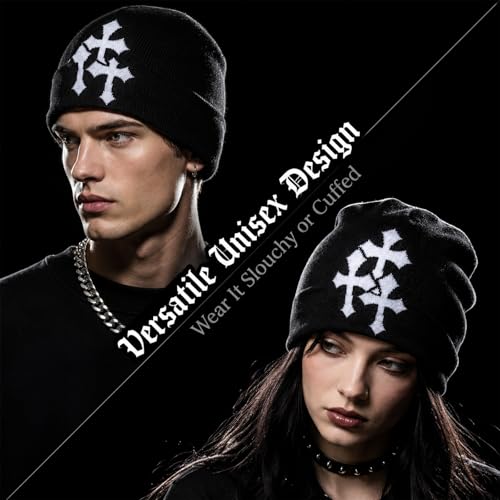 Y2K Beanie Hat for Men & Women - Black Cross Graphic Slouchy Cap - One Size