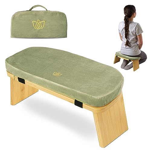 Foldable Bamboo Meditation Bench - Ergonomic Cushion - Sage Green