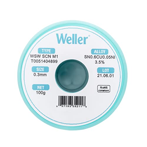 Weller WSW SCN M1 (T0051404899) Lead Free Solder Wire, Dia: 0.3 mm / 0.012 in, Wt: 100 g / 3.527 oz, Alloy Sn99.3Cu0.6Ni0.05, Flux content 3.5%