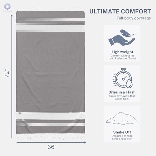 9Threads Grey 2-Pack Oversized Turkish Beach Towels 36x72 Inches - Quick Dry Sand-Resistant Travel Pool Towels
