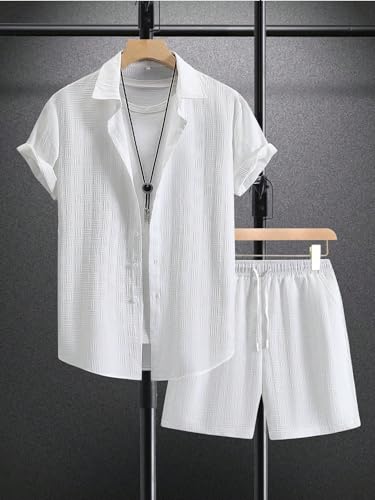 RoseSeek Men's White Linen Beach Outfit 2-Piece Shirt & Shorts Set - Large