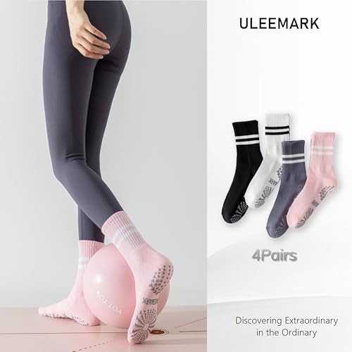 Non-Slip Yoga Socks for Women - 4 Pack Black, White, Grey, Pink