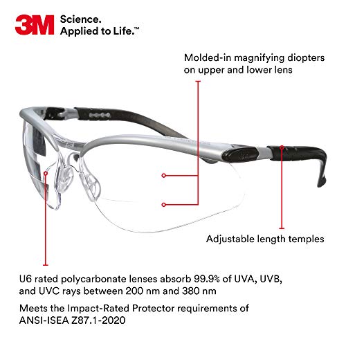 3M Safety Glasses, BX Dual Readers, +1.5, ANSI Z87, Anti-Fog Clear Lens, Gray/Black Frame, Adjustable Length Temples and Lens Angle