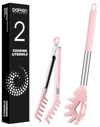 DaiRen Pink Silicone Spaghetti Spoon & Pasta Tong with Teeth, 10"/13"
