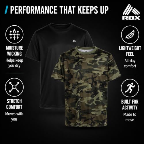 RBX Boys T-Shirts Pack - 2 Lightweight Moisture Wicking Crewnecks, Green Camo, 14-16