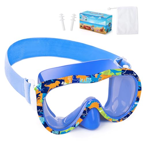 WAVE Kids Dinosaur Blue Swim Goggles with Panoramic Mask, Anti-Fog & UV Protection
