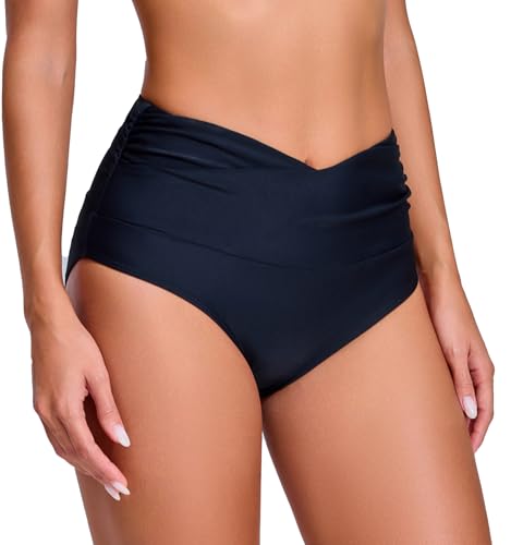 Women's High Waisted Black Bikini Bottoms Large 2026 V-Cross Full Coverage Swimwear