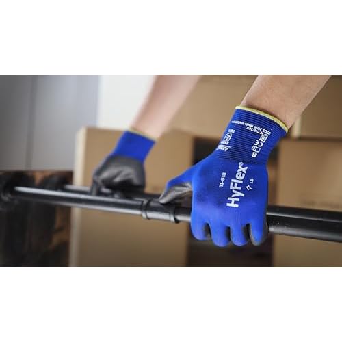 HyFlex 11-618 Ultra-Thin Industrial Safety Work Gloves for Auto, Machinery, Equipment, Fabrication - Size 10, Blue/Black (12 Pairs)