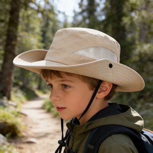 Kids Sun Hat for 5-10 Years - Breathable Outdoor Fishing Hat - Beige