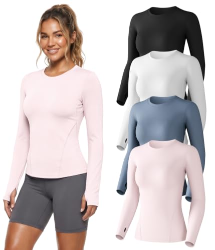 CL Convallaria Women's Long Sleeve Compression Shirt - Athletic Top (Medium, Black/White/Haze Blue/Light Pink) - Underscrubs