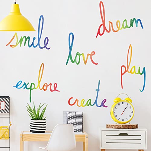 RW-6006+7 Colorful Inspirational Wall Decals Love Dream Smile Wall Stickers Play Create Explore Vinyl Quote Decals DIY Removable Saying Words Wall Art Decor for Kids Bedroom Classroom Nursery Playroom