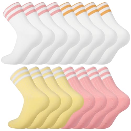 Girls Athletic Crew Socks - Pink White Yellow, Ages 10-14