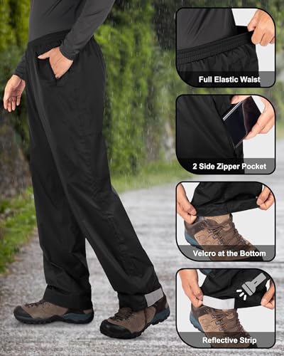 33,000ft Packable Waterproof Rain Pants for Men - Medium / 30" Inseam, Black, Hiking & Outdoor