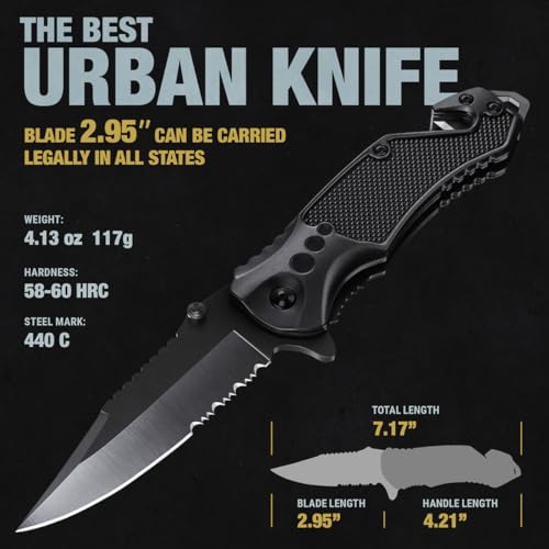 Compact Serrated Pocket Knife with Glass Breaker & Seat Belt Cutter