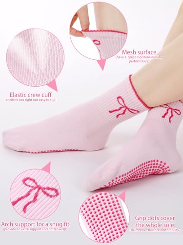 Pilates Grip Socks for Women - Non-Slip, 3 Pairs, Pink Bow