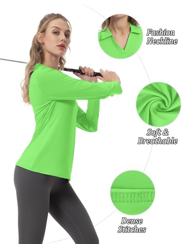 Women's Long Sleeve V-Neck Tennis Golf Shirt - Athletic Sport Top - Lime Green