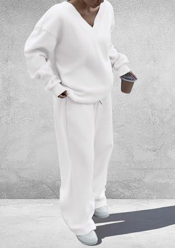 PRETTYGARDEN Women's 2-Piece Fall Sweatsuit Outfit Set - Medium White