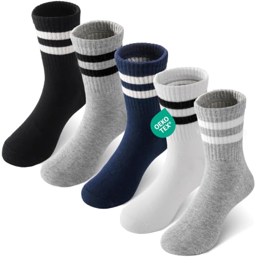 Kids Crew Socks - Combed Cotton Unisex School 5 Pairs - Black, Gray, White, Navy Blue