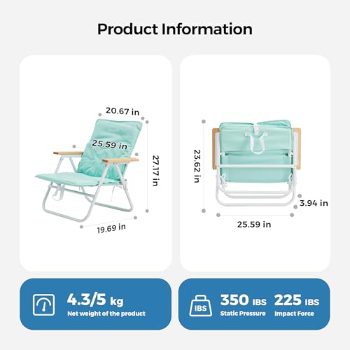 SunnyFeel Green Foldable Beach Chair with Wood Armrest & Cushion - Lightweight Camping & Outdoor Seat