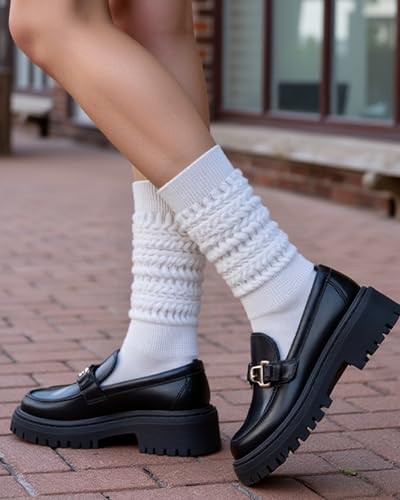 Slouchy Knee High Socks for Women - Soft Cozy Boot Socks, White, 2 Pairs