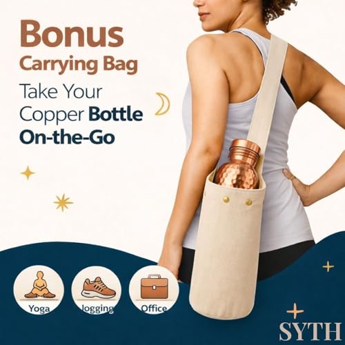 SYTH Hammered Copper Water Bottle 34 OZ with Canvas Bag - Handcrafted Ayurvedic Leakproof Drinkware