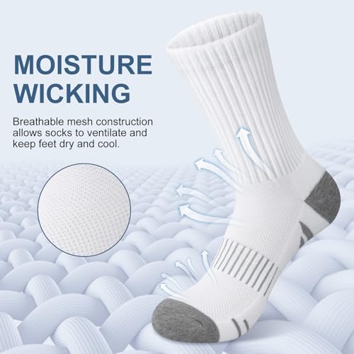 Compression Crew Socks for Women - 6 Pairs, Hiking & Running - White Gray